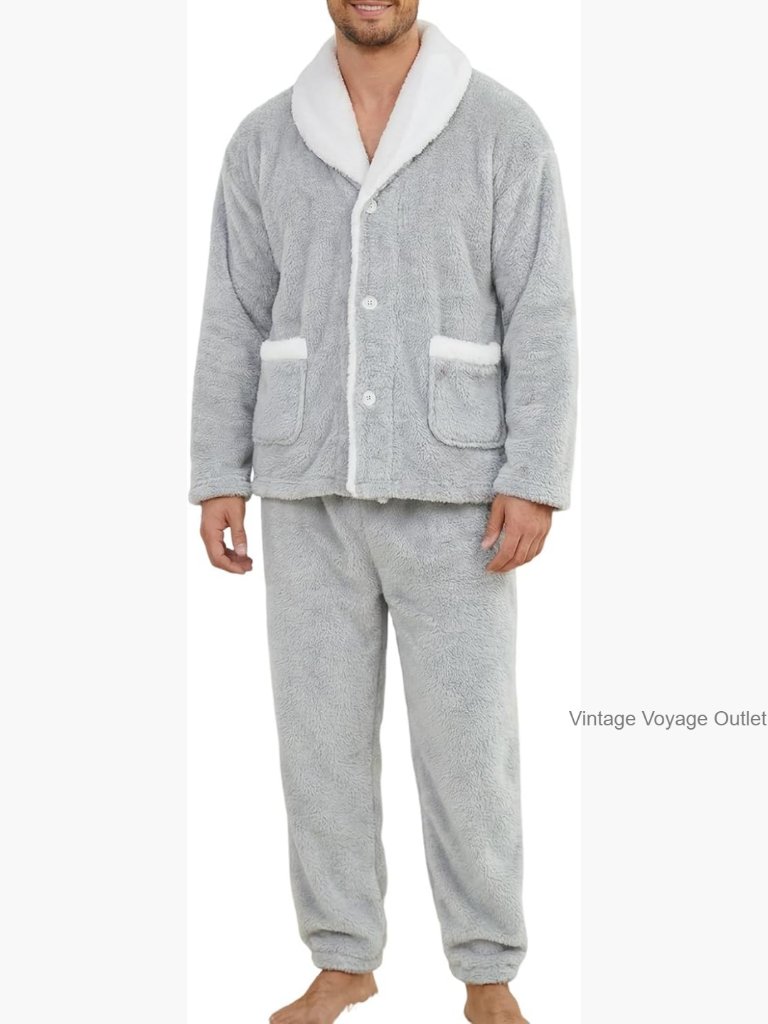 Mens Fleece Pajama Sets 2 Piece Button Down Lounge Set Fluffy Pjs